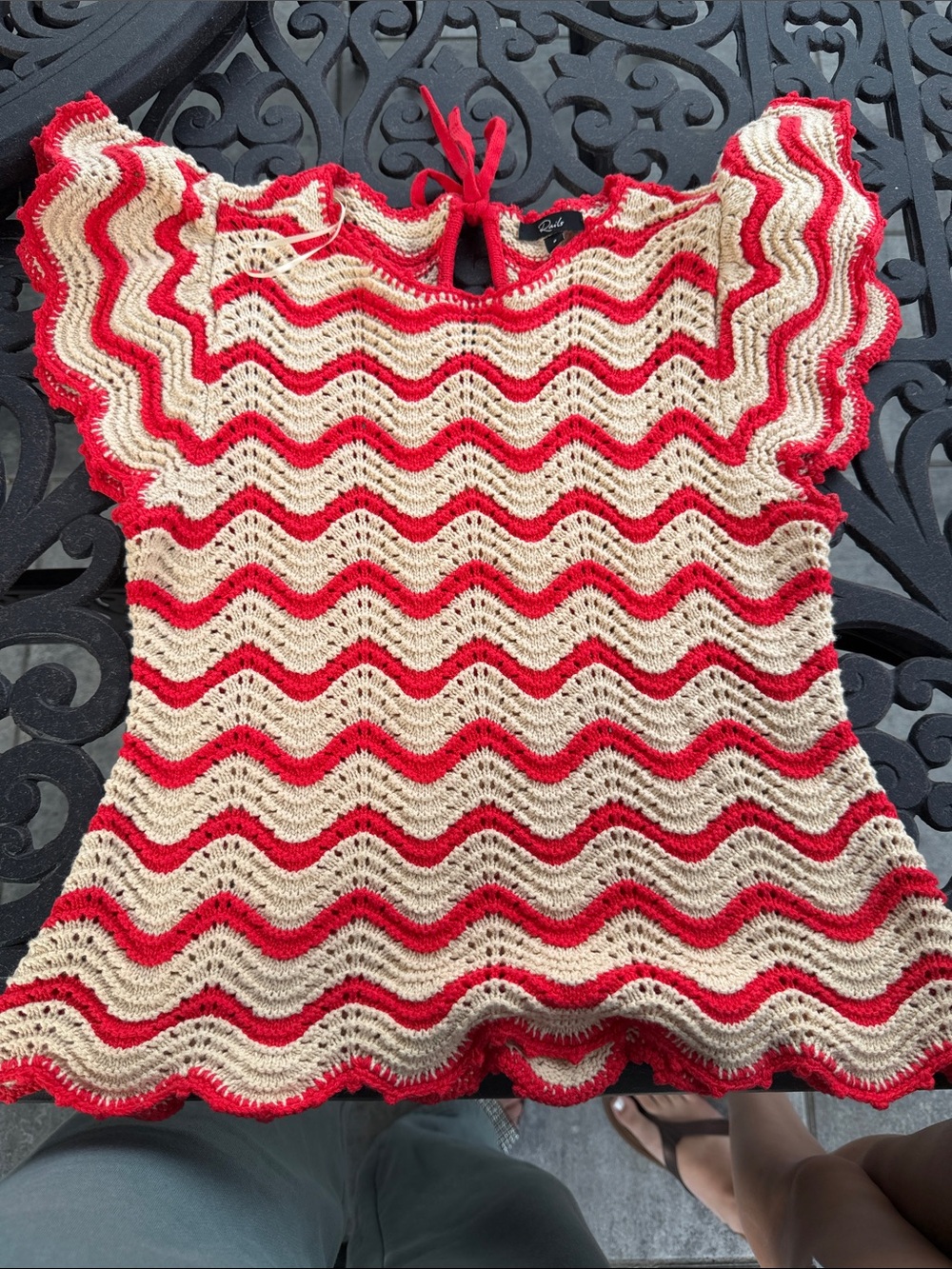 Rails Red & Cream Women's Crochet Wave Sweater